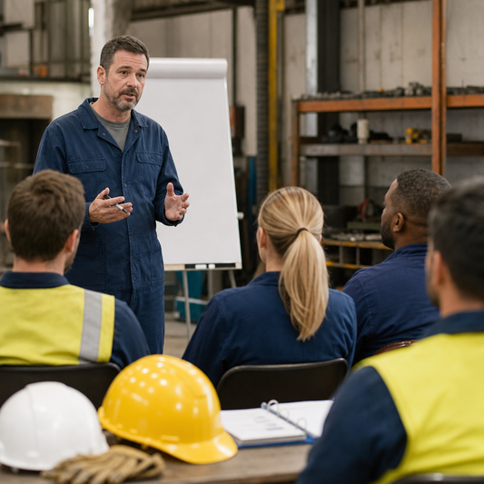 Man standing in front of group of workers teaching a training class.