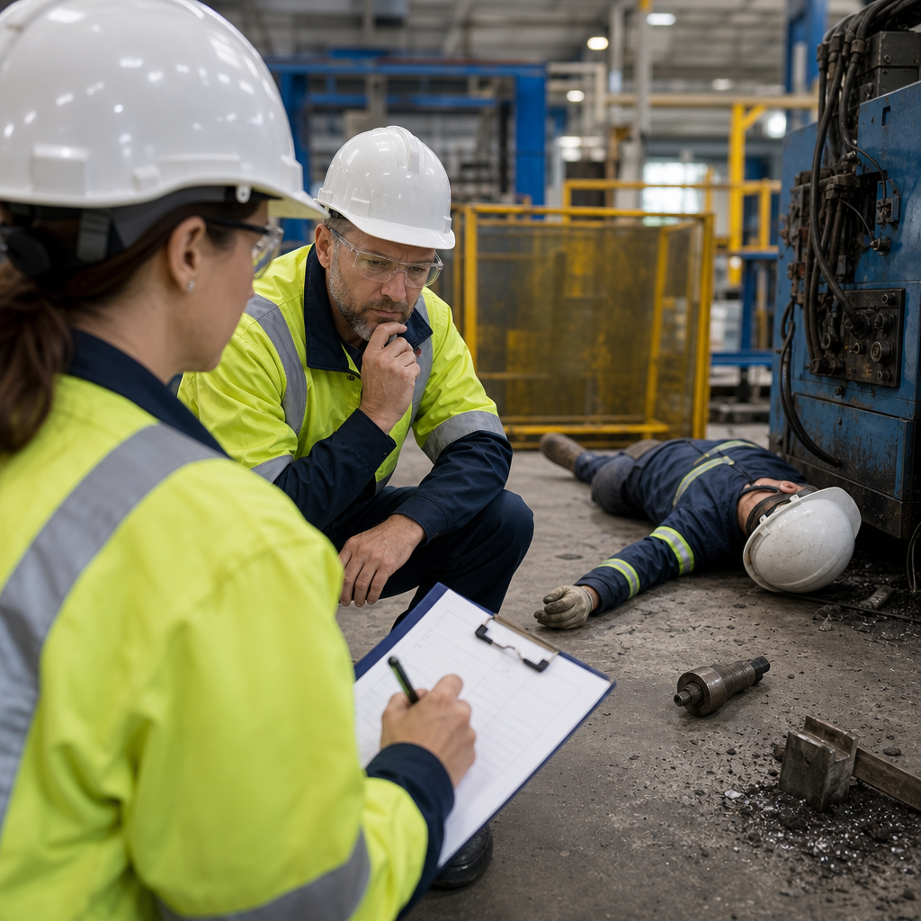 Two warehouse workers near an injured worker that is on the floor. 