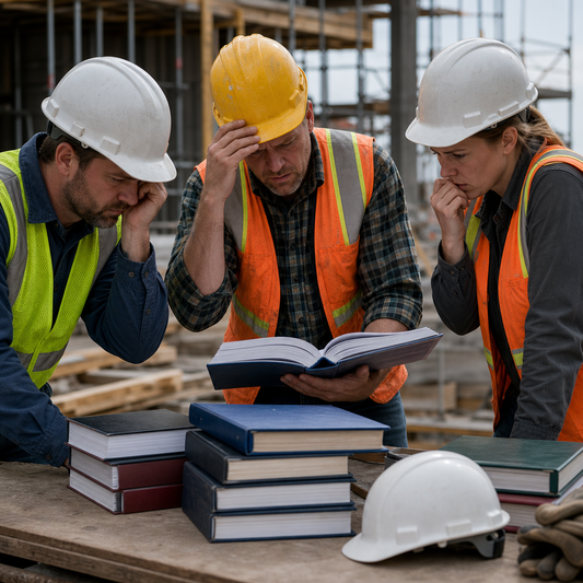 Three construction workers with stacks of books on table in front of them. 