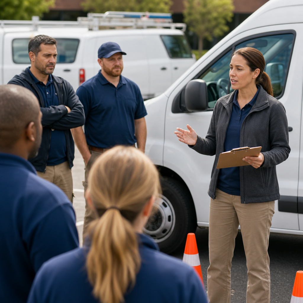 Group of trainees listening to driving instructor. 