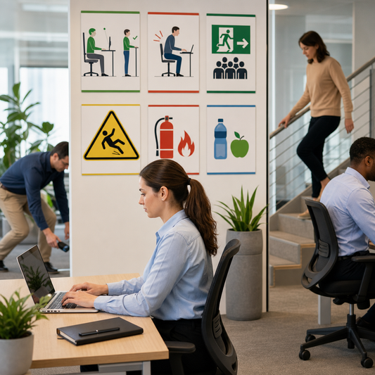 Office workers sitting at desk and walking downstairs. 