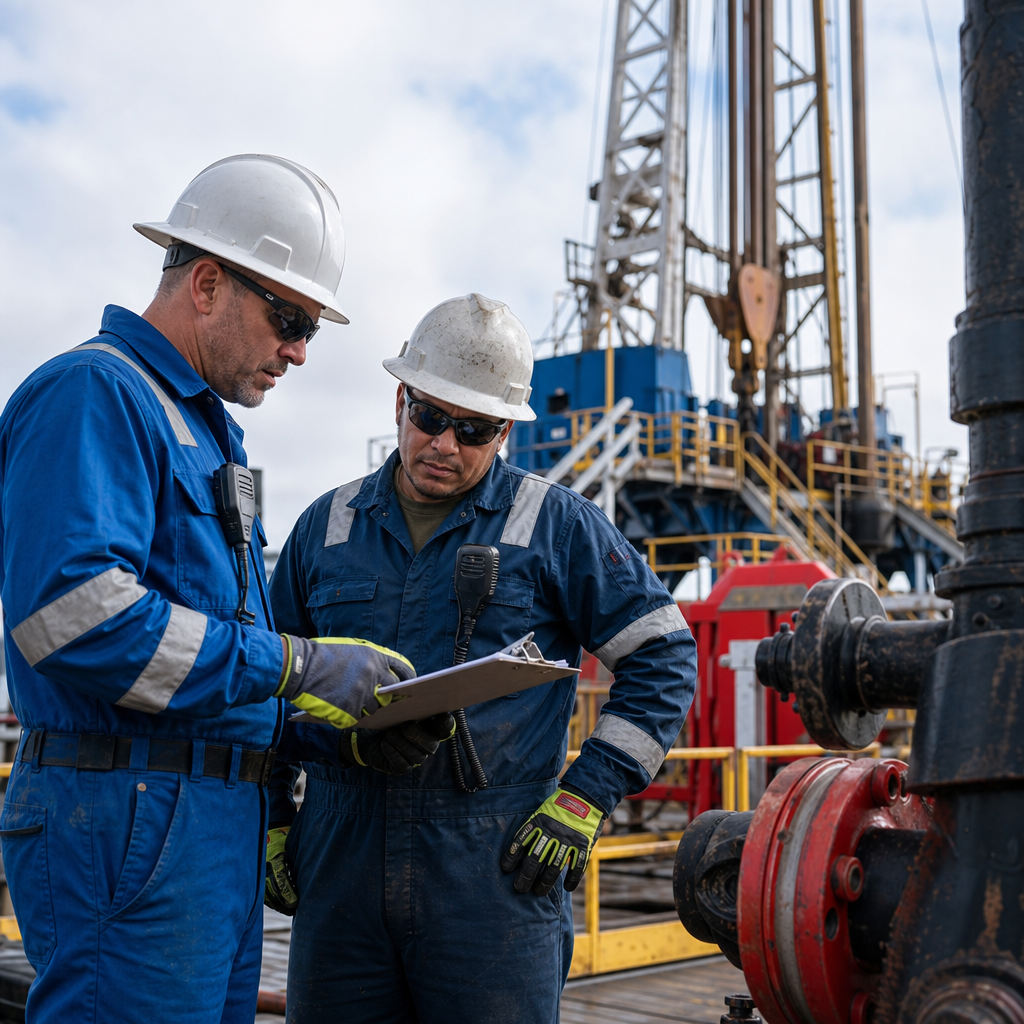 Oil workers looking at clipboard with equipment in the background, 