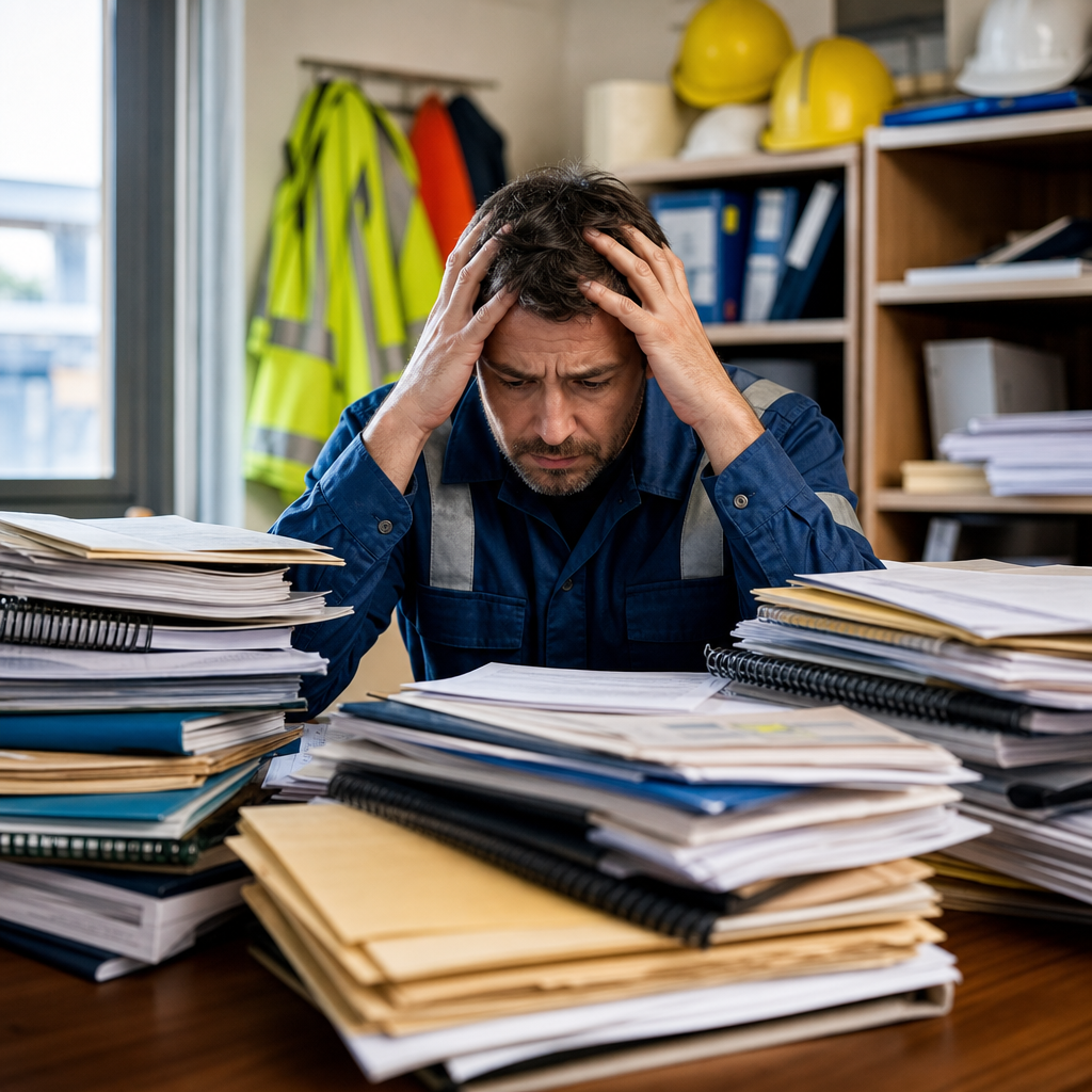 Man at desk with many stacks of papers and folders with hands on his head looking overwhelmed.  