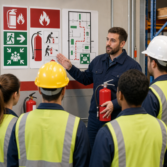 Safety trainer standing next to a fire safety poster with a group of employees in front of him. 