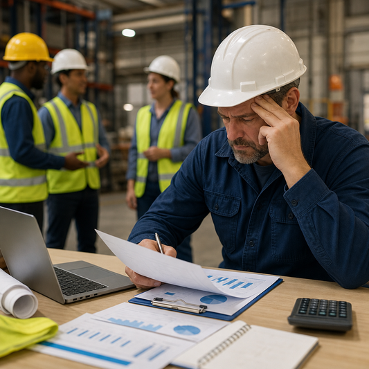 Man wearing hard hat sitting at desk reading a document with three warehouse workers in the background.   