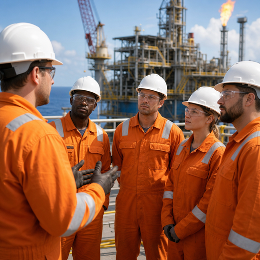 Gas workers having a meeting.