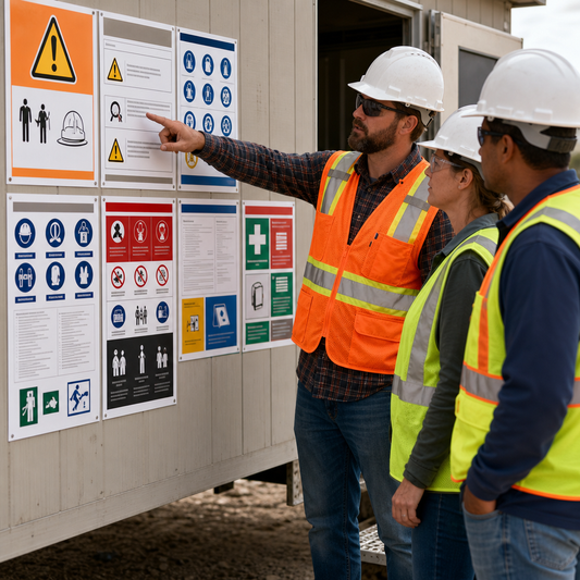 Group of workers looking at posters on bulletin board.  