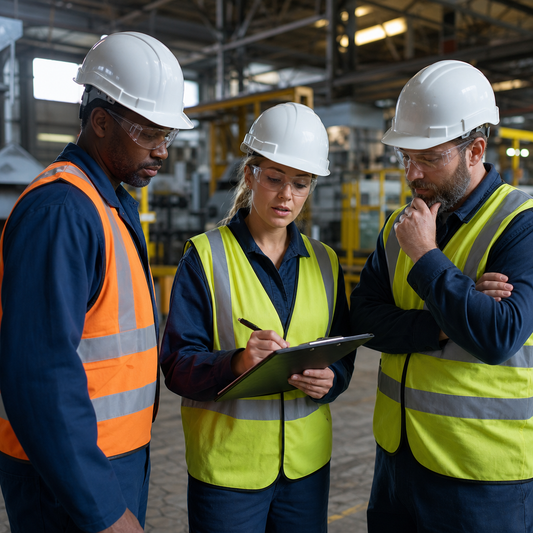 Group of three construction workers looking at checklist on clipboard.  