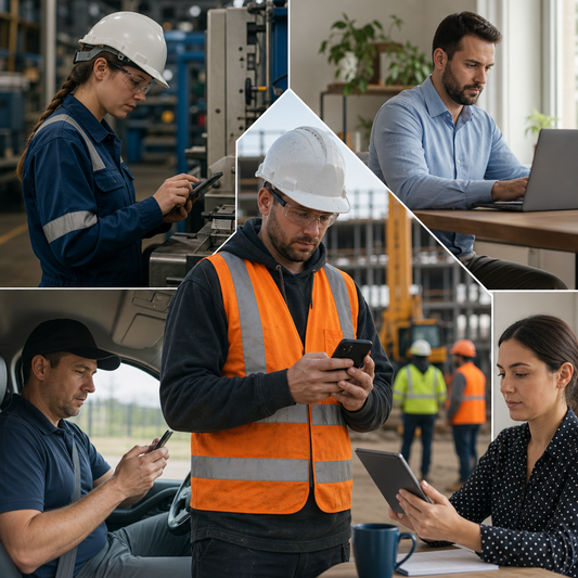 Collage of five workers watching training videos in different environments.  