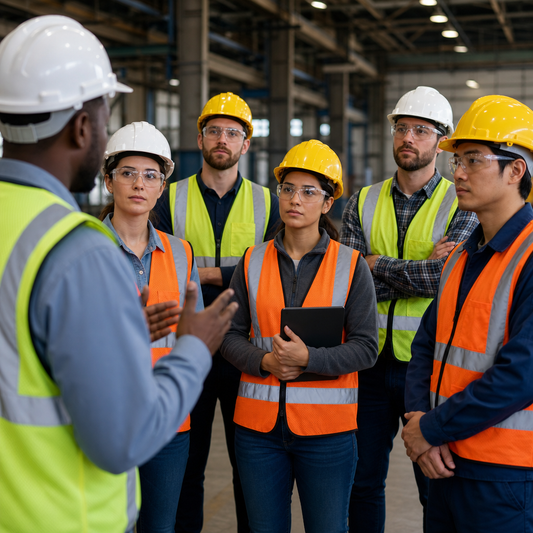 Group of five workers standing together listening to supervisor.   