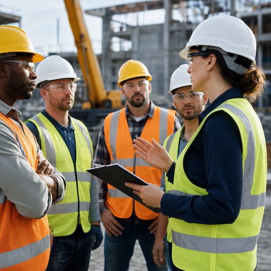 Group of construction workers standing in a group on site.  