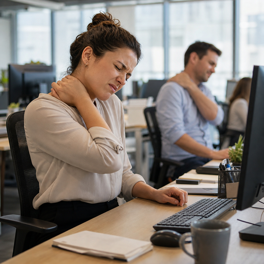 Two office employees sitting at desks rubbing their own neck.  