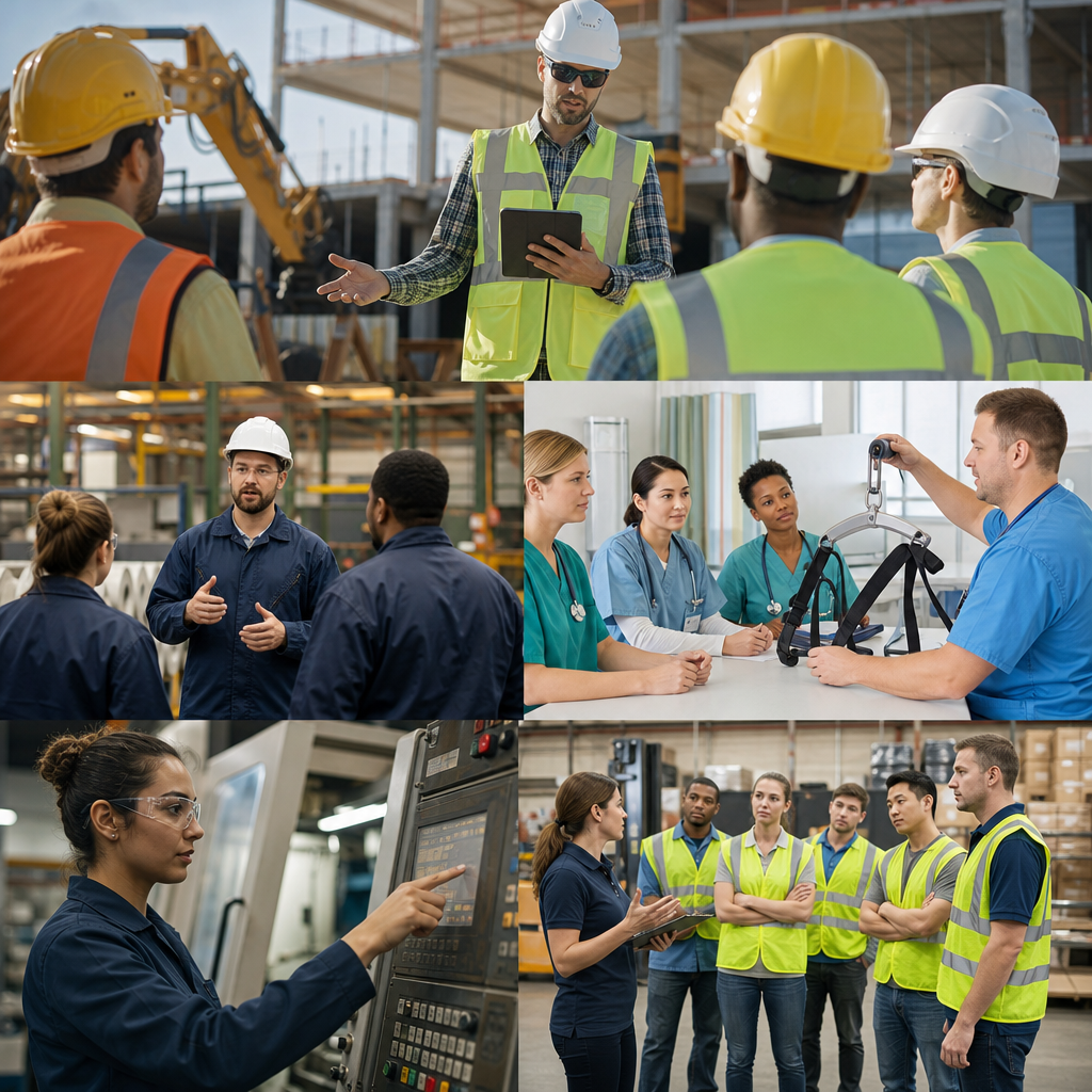 Collage with workers from construction, healthcare, and factories. 