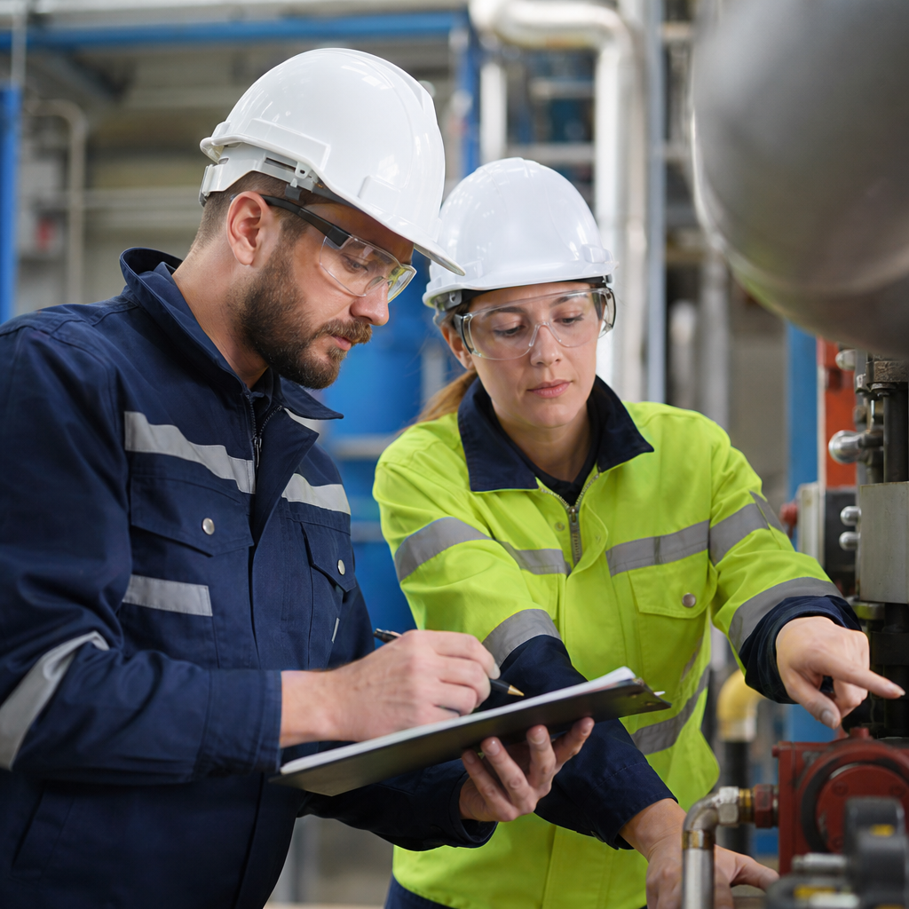 Two factory workers looking at a valve. 