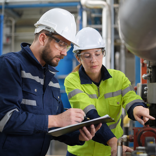 Two factory workers looking at a valve. 