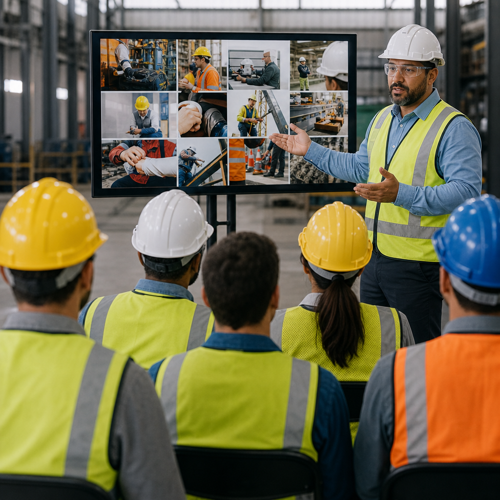 Safety trainer in front of group of workers and a screen playing safety video 