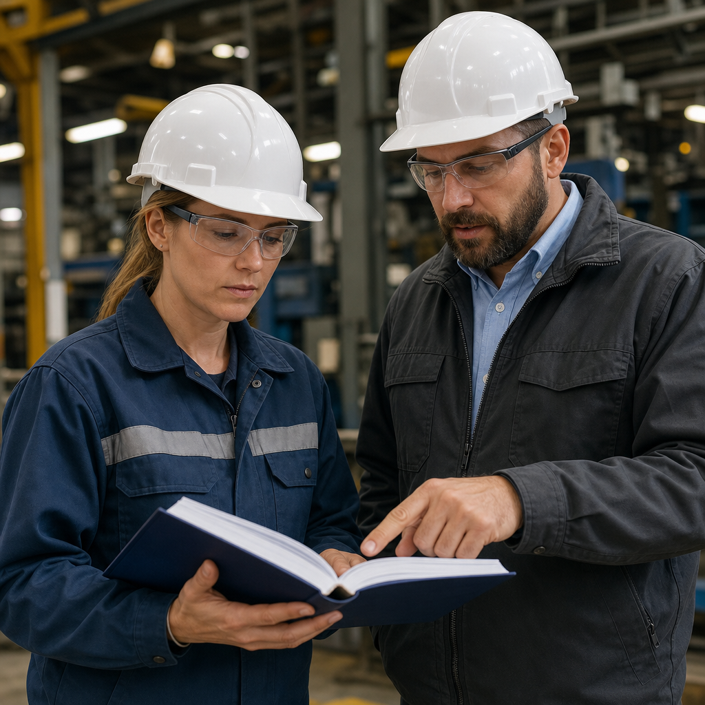 Two workers standing in warehouse looking at book together.  