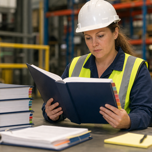 Female warehouse worker reading large book.  