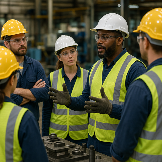 Group of factory workers discussing something.  