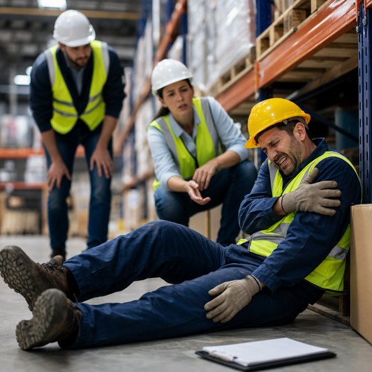 Warehouse worker on the floor grasping shoulder with two other workers looking concerned.  