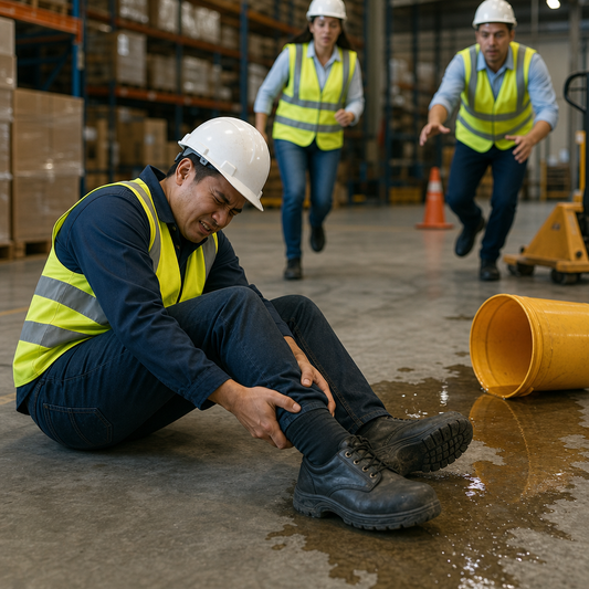 Warehouse worker on the floor near a spilled bucket of water and two other workers running toward him.  