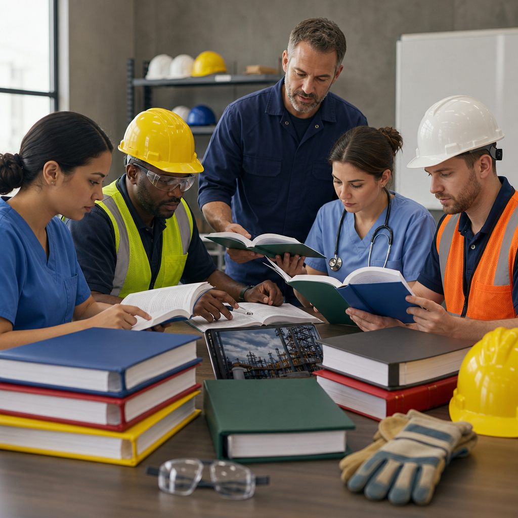 Diverse group of workers from construction and healthcare looking at various OSHA publications.  