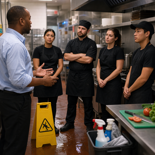 Group of five food service workers listening to manager.  