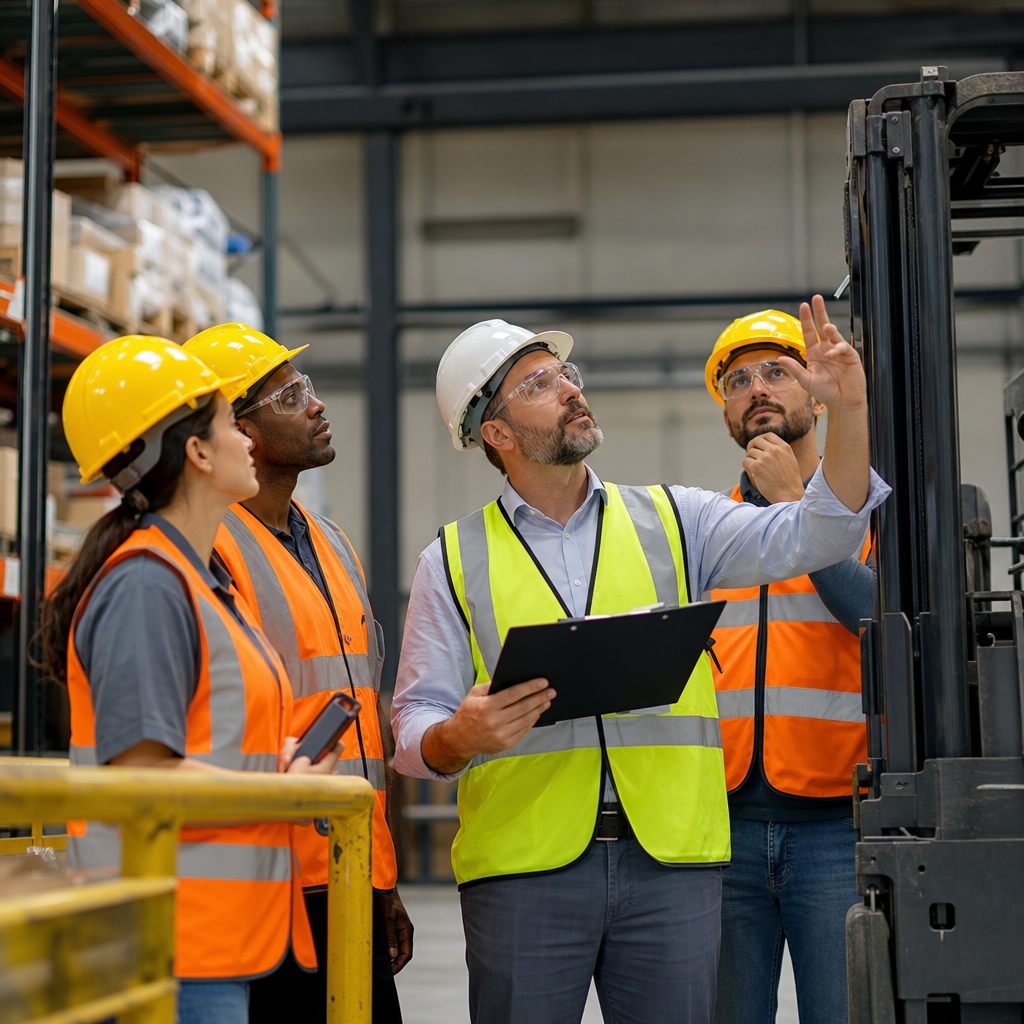 Group of four employees getting ready for an inspection.  