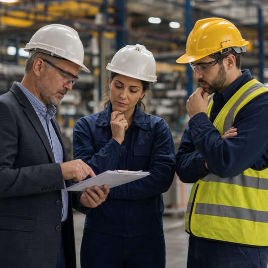 Three workers looking over audit report. 