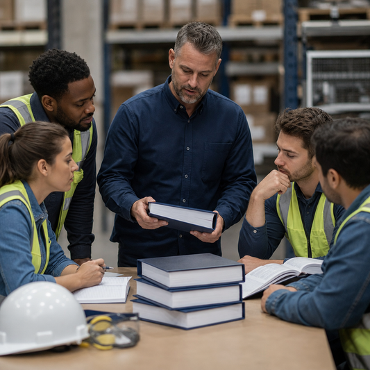 Group of workers at a table with stack of large books on it.  