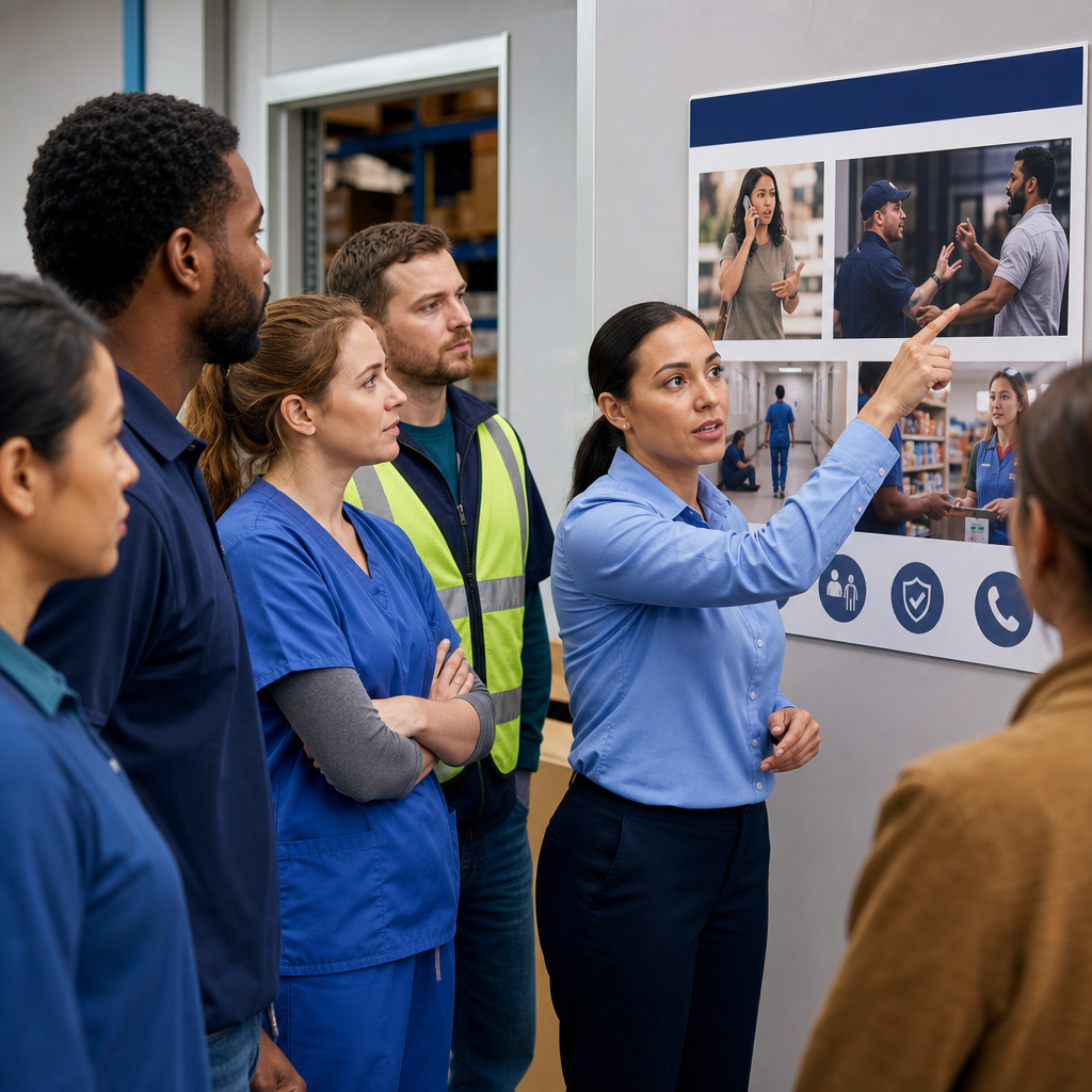 Group of workers looking at poster on the wall.   