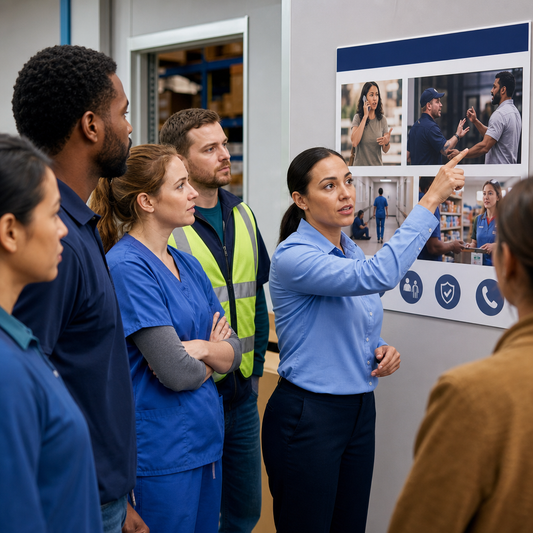 Group of workers looking at poster on the wall.   