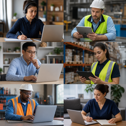 Collage of various workers with laptops.