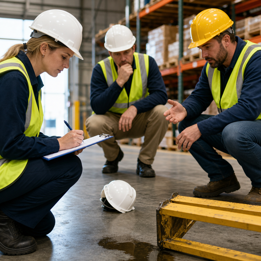 Three warehouse workers looking at something on the floor.  