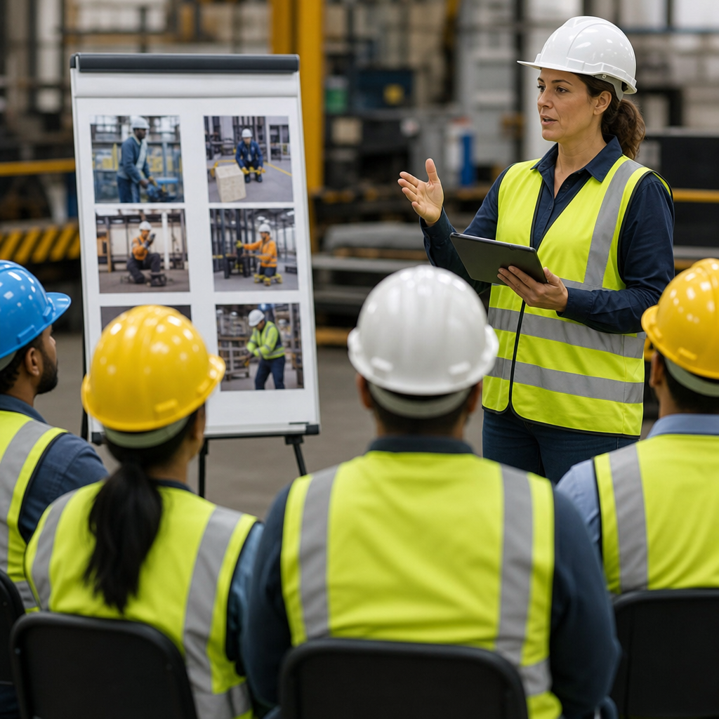 Group of warehouse workers with safety trainer standing in front holding a clipboard.   
