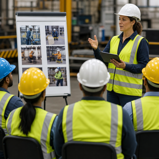 Group of warehouse workers with safety trainer standing in front holding a clipboard.   
