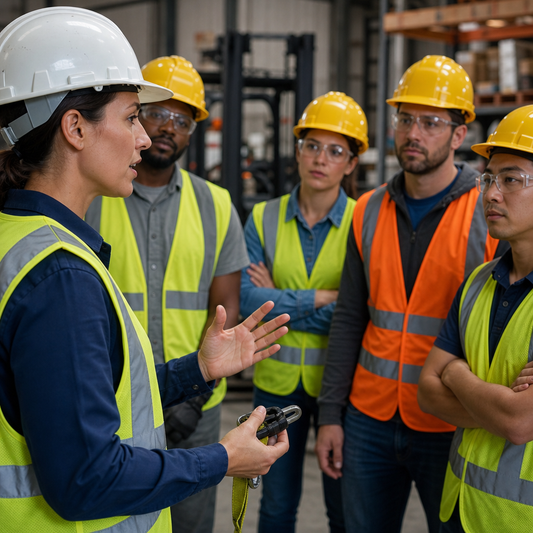 Five warehouse workers standing in a small circle talking to each other.   