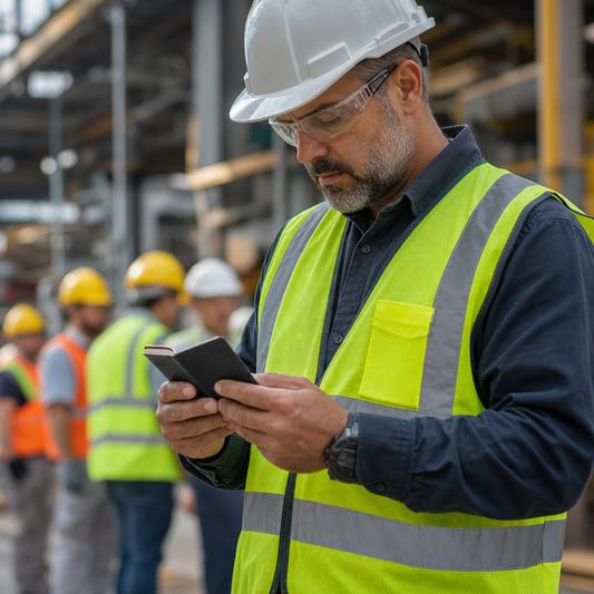 Construction worker holding small book.