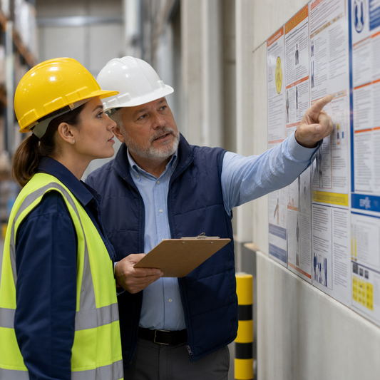 Two workers wearing hard hats looking at a poster on the wall.  