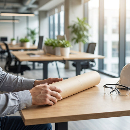 Man at a desk holding a poster.