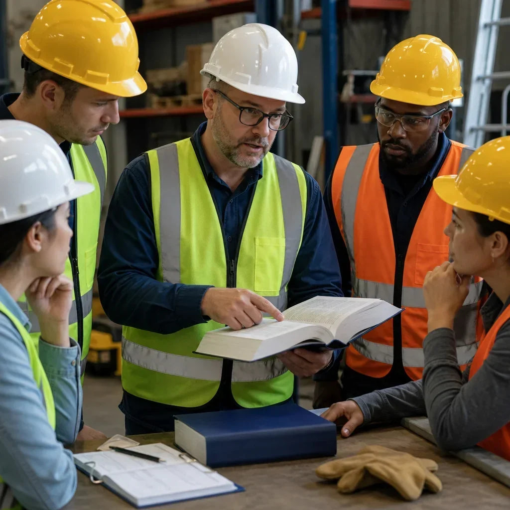 Group of five workers with hard hats on look at large OSHA book.  