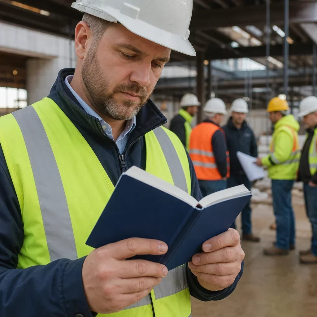 Warehouse worker looking at small book.  