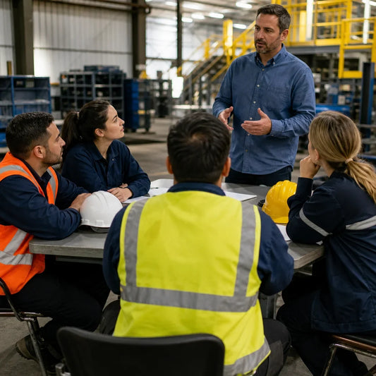 Small safety training class with four workers sitting at a table and one instructor standing in front of them.
