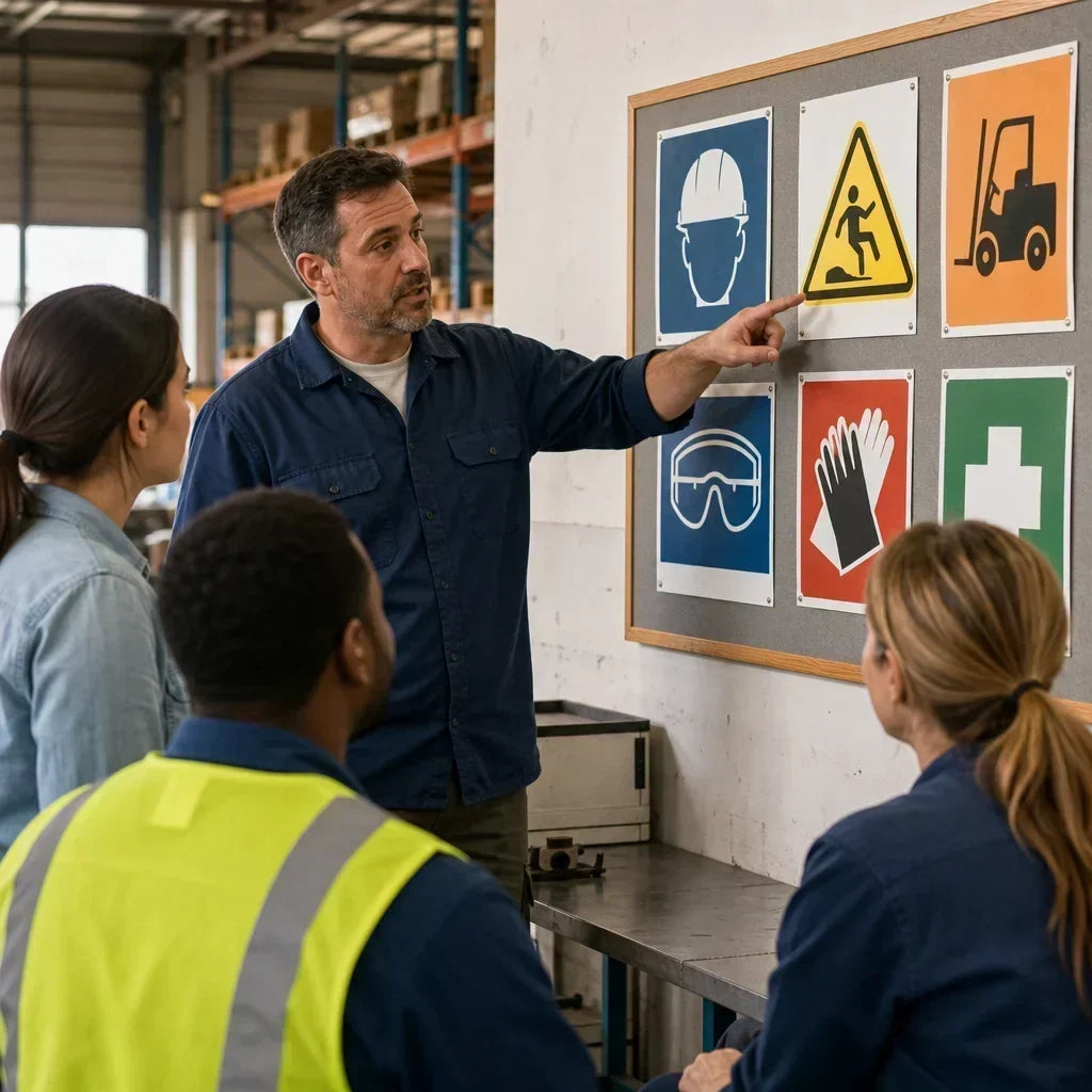 Group of four warehouse workers looking at a poster on bulletin board.  