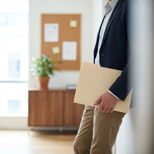 Man holding a folder, leaning against a wall