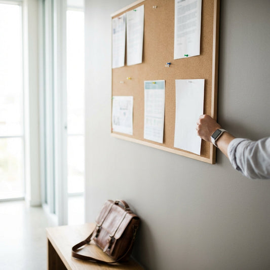 Bulletin board with posters on it.