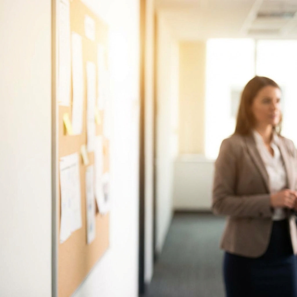 Bulletin board with employee nearby.