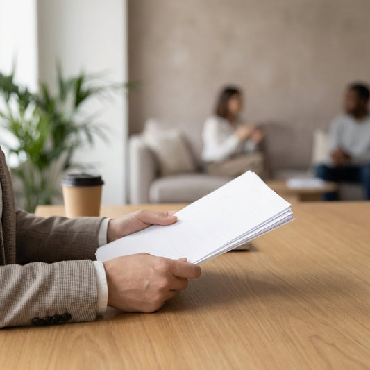 Employee at desk holding paperwork with other employees in the background sitting on a couch.