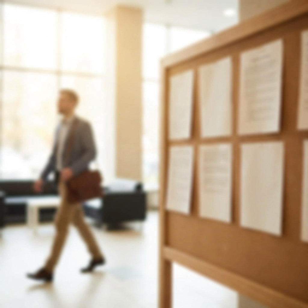 Man walking in an office in background with briefcase and bulletin board out of focus in foreground.
