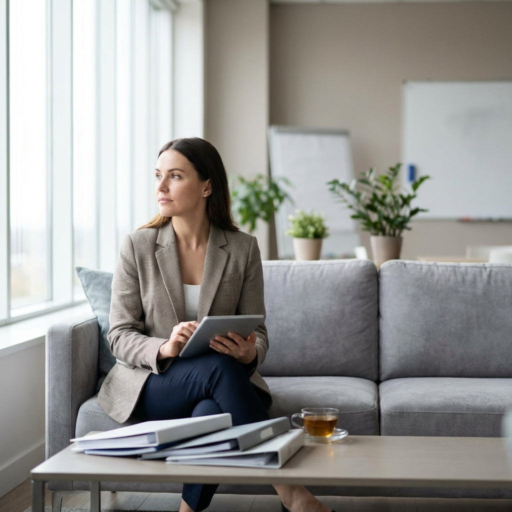 Female employee sitting on couch with table in front of her that has notebooks on it holding tablet and looking out the window.